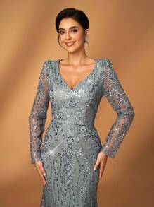 Serin Váy dạ hội đuôi cá ren sequin cổ chữ V sang trọng thanh lịch, phù hợp cho đám cưới, tiệc tùng, vũ hội, dạ hội, phù dâu hoặc mẹ cô dâu - Xám - Xem 3