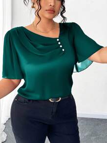Elenzga Plus Size Asymmetrical Ruffled Collar Button Decor Short Sleeve Elegant Blouse Green Top Women Emerald Green Top Dark Green Top Solid Color Tops Basic Top - Green - View 5