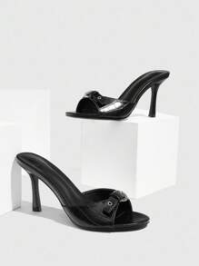 CUCCOO SZL Women Solid Color Chain Decor Fashion Versatile High Heel Sandals - Black - View 2