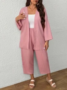SHEIN Set di due pezzi per donne taglie forti: giacca aperta monocolore e pantaloni casual a gamba ampia
