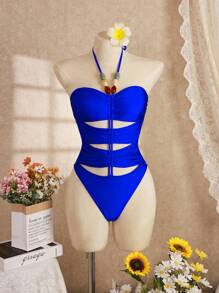 Swim Vcay Women's Summer Vacation Sexy Halter Backless One-Piece Swimsuit With Drawstring, Shiny Fabric And Beaded Decor - Royal Blue - View 7