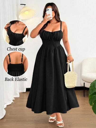 Vionelle Vestido maxi de talla grande para mujer, de unicolor elegante, con lazo delantero, fluido, adecuado para la playa, fiestas, citas, festivales de música, salidas, nuevo diseño versátil para primavera/verano