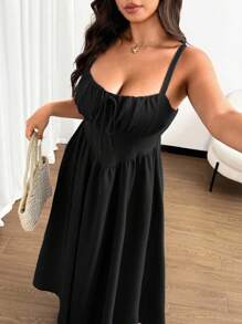 Vionelle Váy dài đi biển dài tay buộc nơ phía trước thanh lịch màu trơn cỡ lớn cho nữ, thích hợp đi biển, tiệc tùng, hẹn hò, lễ hội âm nhạc, đi chơi, xuân/hè Váy maxi thiết kế đa năng mới - màu đen - Xem 4