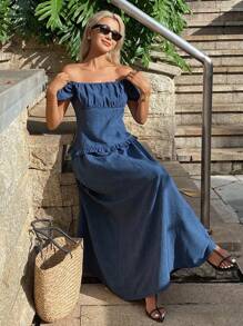 DAZY Women Summer Elegant Square Neck Pleated Camisole & Elasticated Waist Denim Skirt 2pcs Set,Off Shoulder Top - Medium Wash - View 6