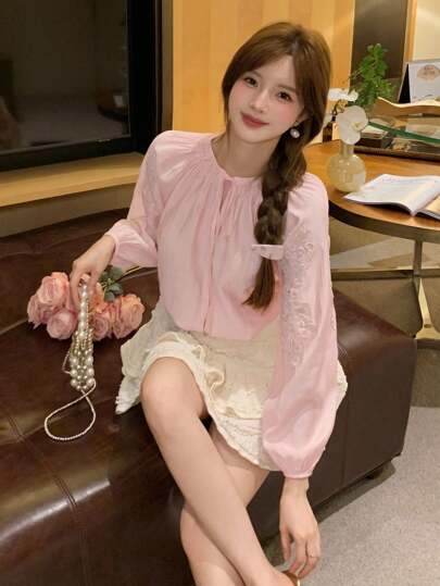 DAZY Women's Long Sleeve Hollow Lace Floral Patchwork Color Block Tied Drawstring Chiffon Blouse For Spring, Summer And Autumn