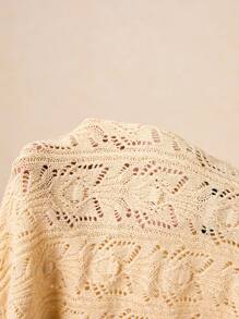 Poéselle Women Solid Color Short Sleeve Single-Breasted Hollow-Out Knit Cardigan - Apricot - View 8