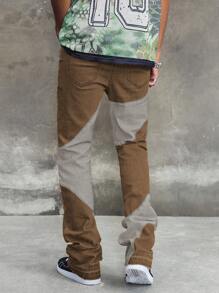 ROMWE MEN Street Life Spring Casual Graphic Men'S Casual Washed Color Block Patchwork Denim Jeans - Khaki - View 10