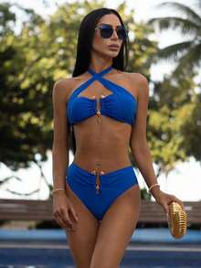 Carolina Barros Bộ bikini hở lưng chi tiết kim loại Summer Beach Resort - Xanh đậm - Xem 3