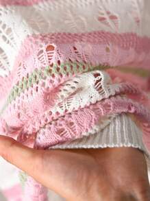 CosyJoli Plus Size Women Hollow Out Design Knitted Long Sleeve Sweater, Pink Knit Top, New 2025 Autumn/Winter, Suitable For Commuting And Casual Wear, Pink Knitwear Fall