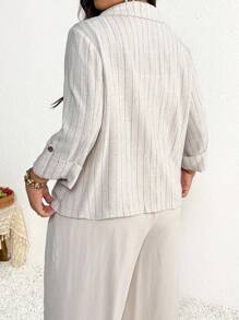 SHEIN Frenchy Plus Size Women Casual Striped Blazer In Fall/Winter - Apricot - View 2