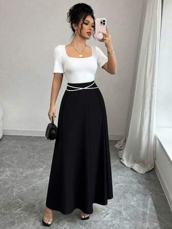 Rafferiza 女士优雅修身圆领针织拼接腰带新中式花卉印花中长连衣裙