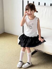 Blossori Young Girl Casual Rabbit Pattern Top/Skirt 2 Piece Set - Black and White - View 7