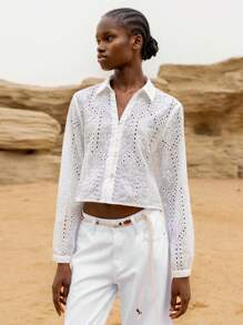 Lumivelle Women's White Semi-Sheer Floral Eyelet Cropped Button-Down Shirt A Casual Woven Top With Long Sleeves And A Collar