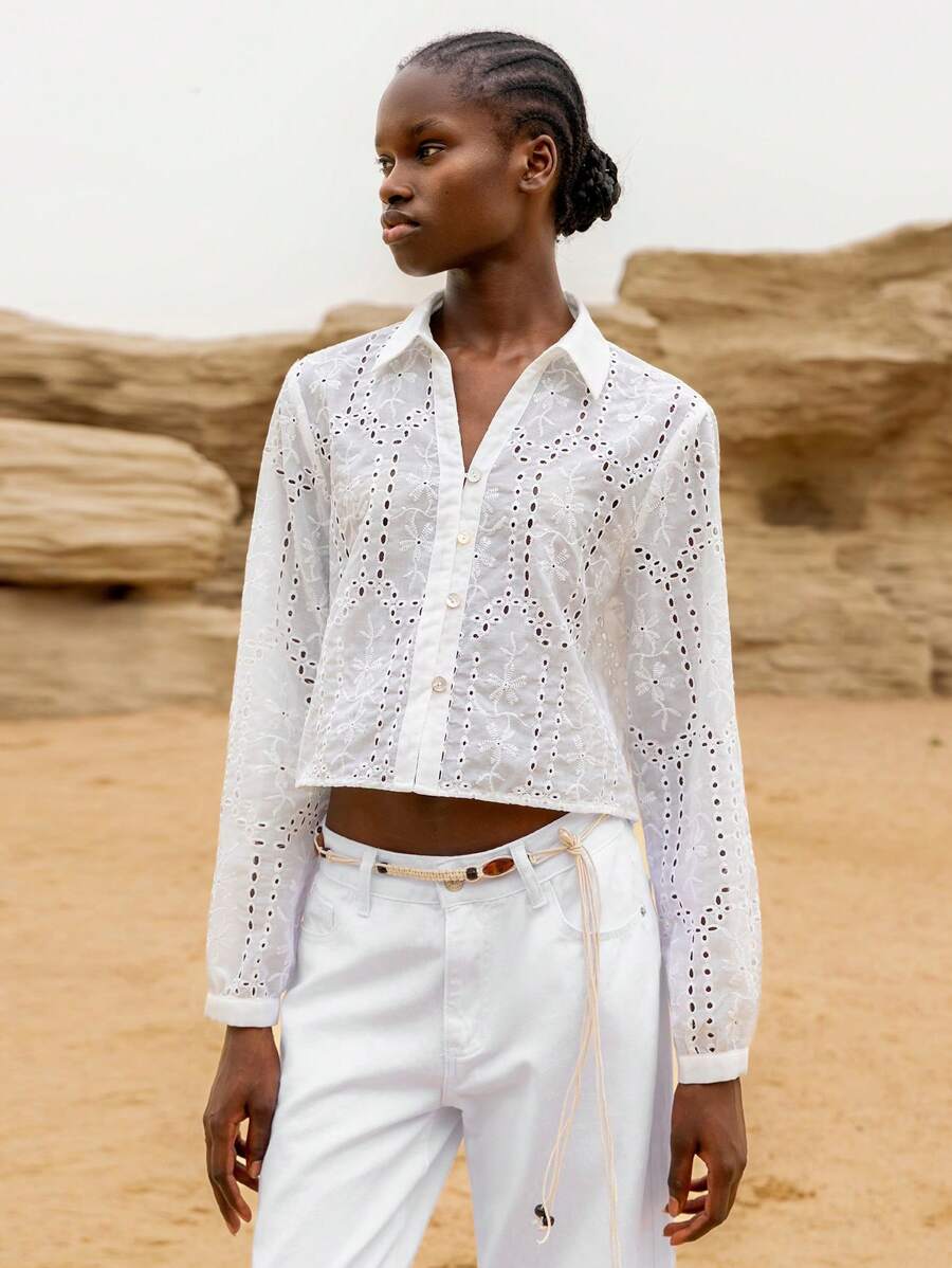 Lumivelle Women's White Semi-Sheer Floral Eyelet Cropped Button-Down Shirt A Casual Woven Top With Long Sleeves And A Collar