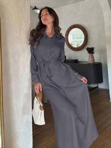 Cloudara Casual Style, Linen Look, Self Belted Maxi Shirt Dress, Suitable For Modest Long Casual Dress Long Sleeve Elegant Dress Gray Long Dress Long Shirt Dress Curve Long Dress Homecoming Old Money Style Women Autumn Clothes - Dark Grey - View 3