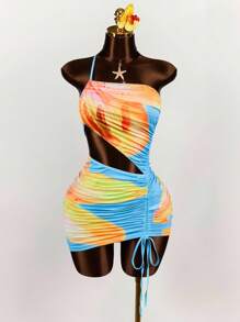 Amplova One Shoulder Two-Tone Big Floral Print Drawstring Tie Bodycon Mini Dress