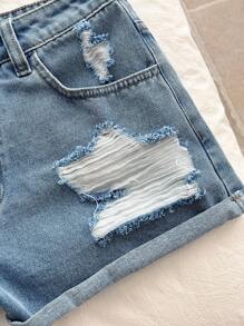 SHEIN Teen Girl Blue Fashionable And Simple Ripped Denim Shorts,Spring And Summer Casual Vacation Country Boho Wear - Light Wash - View 6