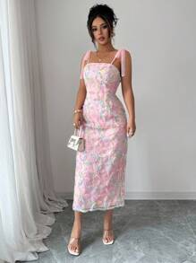 Elenzga Midi Dress With 3D Floral Mesh Straps, Elegant Bow & Slit Detail For Women