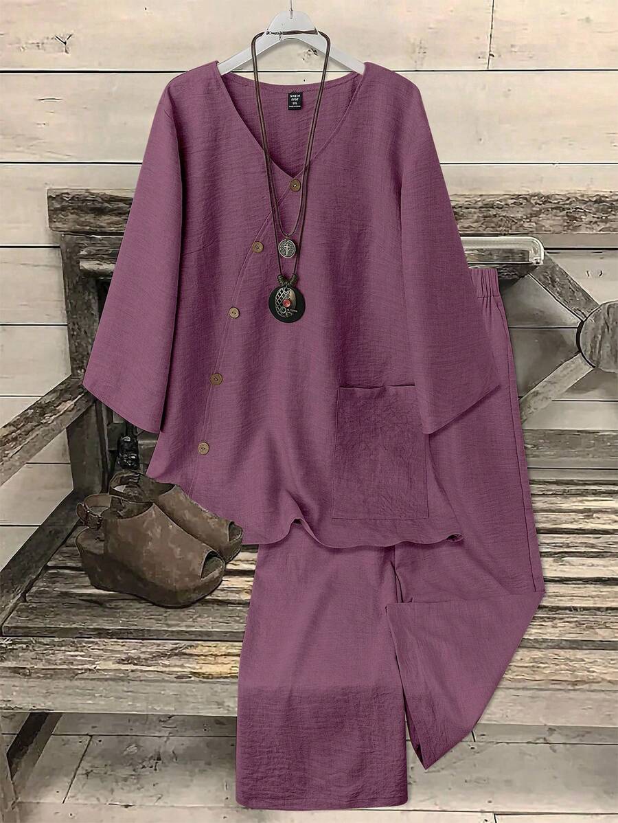 Omancia 2 件套女式 V 领椰子纽扣装饰 3/4 袖衬衫 + 纯色直筒裤，休闲通勤装 - 紫色 - 查看 1
