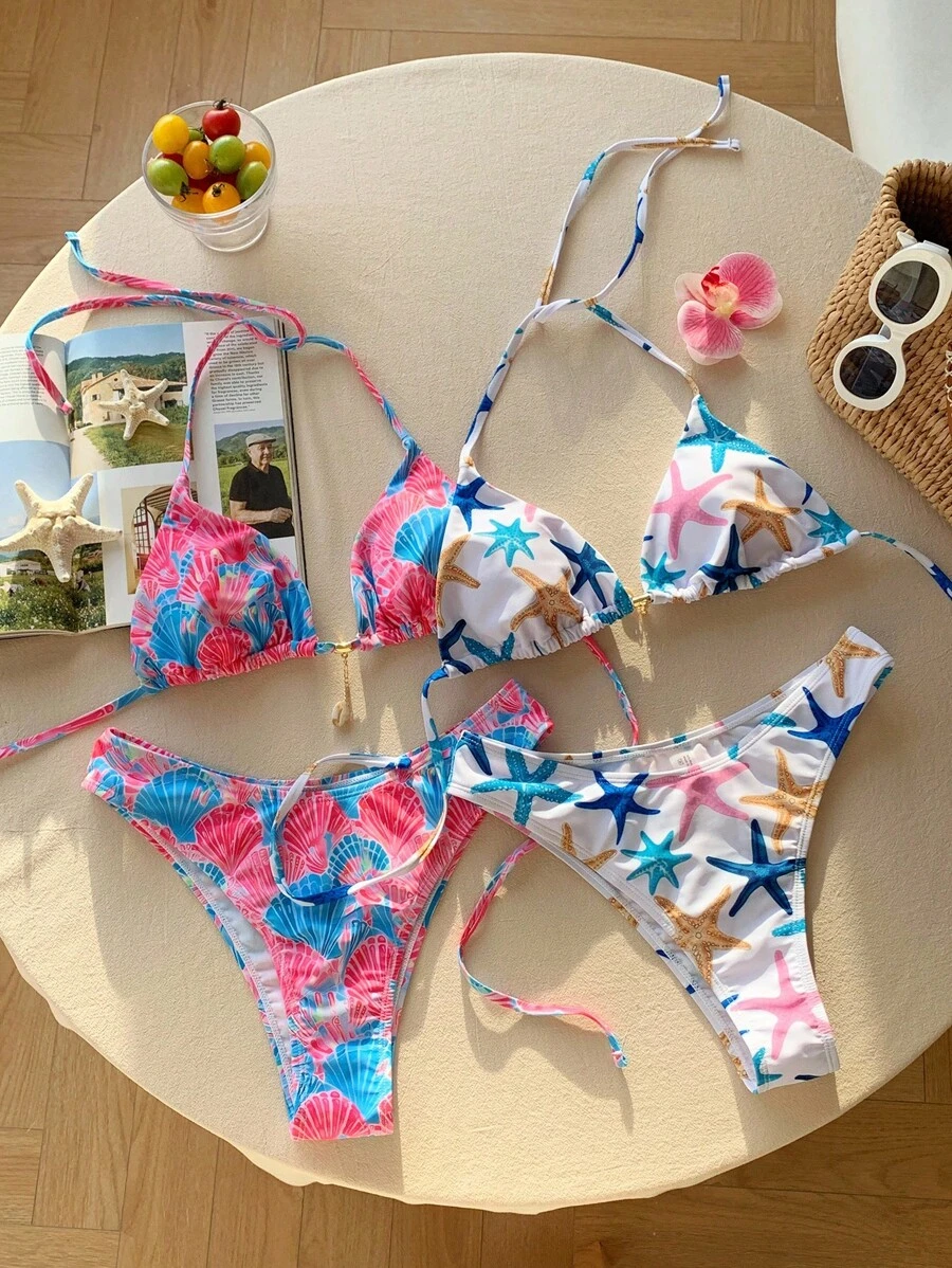 Comfortcana 4pcs Thong Bikini Set   Vacation Beach Graphic Seashell & Starfish Print Halter Bikini Set - Multicolor - View 1
