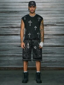 AXEPEAK Men's Casual Black Singlet With Distressed Edges And Rhinestone Details, Summer - Black - View 3