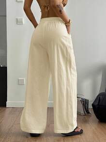 Coolane 女式夏季简约波西米亚风度假休闲基本款日常穿着亚麻舒适低腰宽松裤 - 杏色 - 查看 6