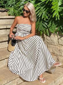 DAZY 女士休闲条纹抹胸褶饰度假连衣裙 - 黑與白 - 查看 5