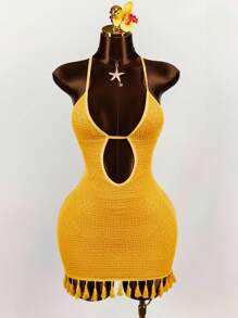 Amplova Gaun Mini Bodycon Tanpa Lengan dengan Leher V Dalam, Tali Pengikat, dan Rumbai, Kain Bertekstur, Cocok untuk Hari Thanksgiving - Kuning - View 3