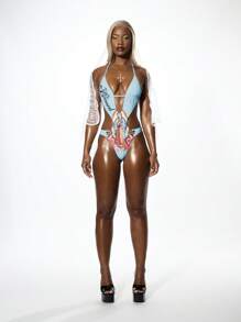 SUMWON WOMEN Mother Virgin Mary Religious Catholic Cut Out Monokini Summer Beach Swim One Piece Pool Party Bathing Suit With Halter Neck