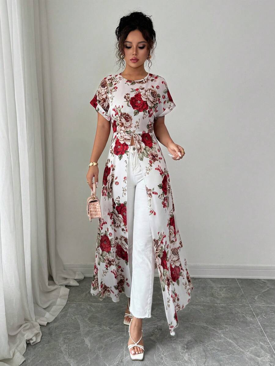 Breezaya Elegant Floral Print High Slit Long Shirt, Summer - Multicolor - View 1