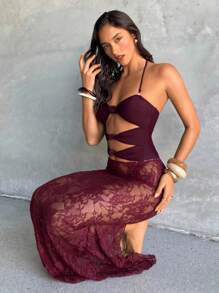 Aloruh Women's New One-Piece Swimsuit, Long Wrap Skirt, Elegant Sexy Romantic Retro Wine Red/Purple Lace Maxi Swimsuit Set, Vacation/Beach Wear, One-Piece Swimsuit - Pink - View 7