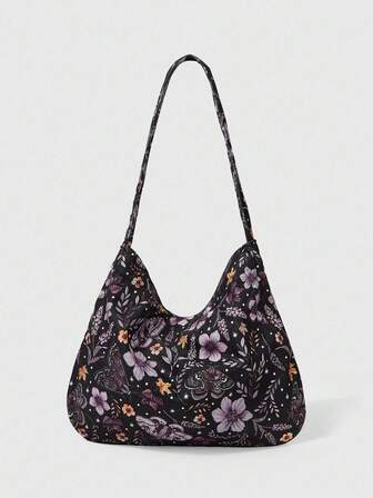 Fairycore 1 pieza Bolso de hombro de gran capacidad con patrón de mariposa floral, adecuado para acampar, viajar, ir de compras, ir a la escuela, trabajar y talla grande