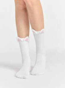 ROMWE Kawaii 1 Đôi tất dài đến bắp chân hình tai mèo lông màu hồng dễ thương, tất ngắn phong cách tối giản ngọt ngào, tất nữ sinh JK đa năng để mặc hàng ngày - Nhiều màu - Xem 3