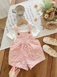SHEIN LMoss Kids 女嬰提花荷葉邊休閒日常連身衣 - 粉色 - 查看 6