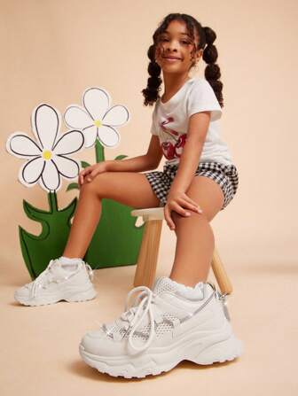 Mini mi Coolgirlready 女の子用 ラインストーン付きPU素材厚底レトロスニーカー - クッション性、デザイン、スパークル付き、デイリー使い向け