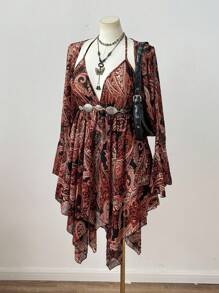 Flirla 节日、波西米亚风、嬉皮士风、牛仔装、新设计感老钱风、西部风、度假风、性感透视V领细肩带修身雪纺连衣裙，搭配长喇叭袖耸肩两件套西部风情装、夏季女装 - 彩色 - 查看 5