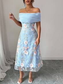 Modelyn 女式网眼拼接刺绣露肩荷叶边镂空夏装