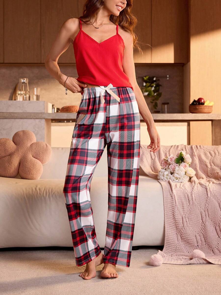 SHEIN Pantalones de pijama rectos con lazo en la cintura y estampado a cuadros para mujer, otoño