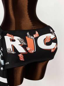 Amplova 女式口号印花拼布丝带设计修身性感迷你裙 - 黑色 - 查看 8