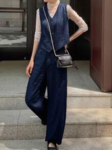 FRIFUL 女士单扣牛仔背心和阔腿裤休闲牛仔套装 - 深色水洗藍 - 查看 3