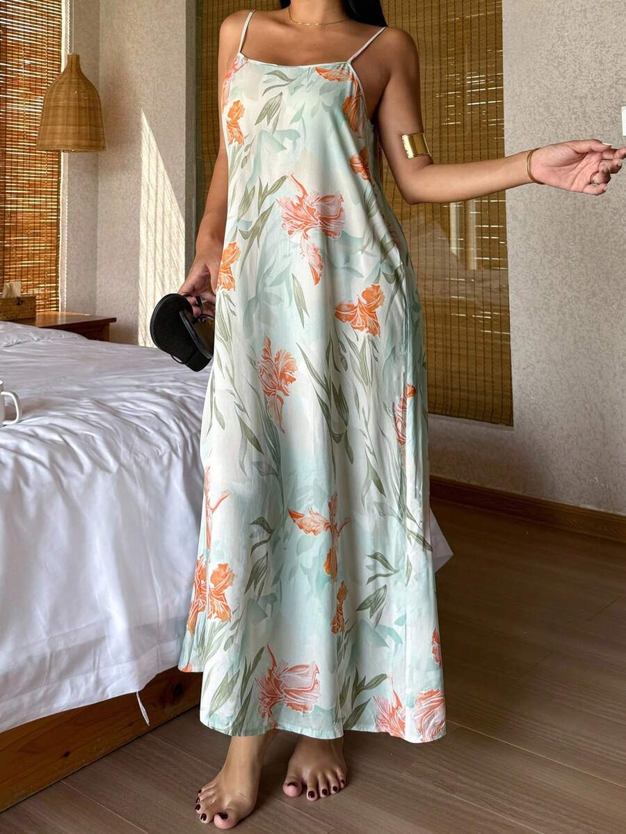 DAZY 女士节日花卉印花无袖长睡袍，轻便睡衣 - 綠色 - 查看 1