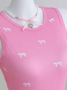 Sparklyn 3 件套青少年女孩背心，休闲优雅度假乡村郊游，买 1 送 3，3 件粉色，细肩带短款上衣配蝴蝶结刺绣花朵，春夏 - 彩色 - 查看 4