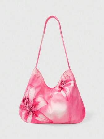 Fairycore 1 pieza Bolso de hombro grande con diseño de lirio rosa, adecuado para acampada, viaje, compras, escuela, trabajo y talla grande ocasiones