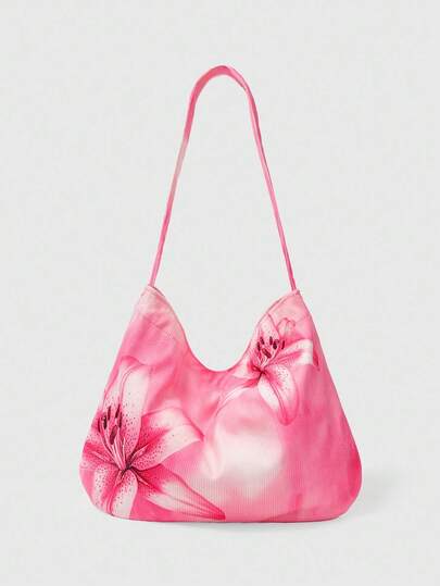 Fairycore 1pc Pink Lily Floral Large Capacity Shoulder Tote Bag, Suitable For Camping, Travel, Shopping, School, Work & More Occasions