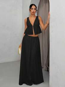 SHEIN BAE Women's Pure White Deep V-Neck Backless Tank Top & Extra Long Maxi Skirt 2 Pieces Set, For Spring/Summer, Vacation Outfit - Black - View 4