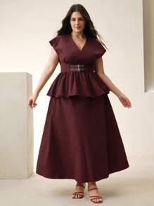 Anewsta Elegant & Fashion Summer Commuter Sleeveless V-Neck With Belt Blouse & Skirt 2-Piece Set For Women - Burgundy - View 4