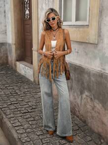 Brillora Spring Boho Hollow Out Fringe Hem Open Front Vest Jacket In Fall/Winter