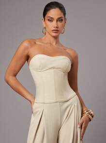 Silquee 女士夏季纯米色抹胸上衣，修身时尚露脐双层拉绒后背衬里，高端上衣，适合办公室、商务休闲、约会等场合穿着，百搭上衣，束身胸衣，无肩带上衣，抹胸上衣 - 米色 - 查看 7