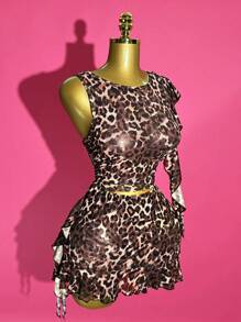 Slaydiva Spring And Summer New Casual Street Sexy Round Neck Sleeveless Short Two Pieces Set Pleated Ruffle Vest Top + Asymmetrical Hem Ruffle Mini Skirt Hip Skirt Brown Leopard Print Full-Frame Print Mesh Suit Women's Two Pieces Set Y2k Two Piece Set Leopard Print Outfit Women Cute Two Piece Set Leopard Print Two Piece Set Animal Print Outfit - Brown - View 7