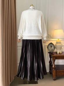 SHEIN Unity Plus Size Women Autumn V-Neck Contrast Color Bow Lantern Sleeve Button Cardigan Pleated Skirt Set Two Pieces Set Women Skirt Pleated Skirts For Women Fuzzy Cardigan Set Women Skirt Set Fall Winter Cloth For Women - Beige - View 2